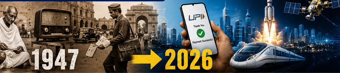 भारत 1947 से 2026 तक विकास यात्रा चरखे से AI और डिजिटल इंडिया तक