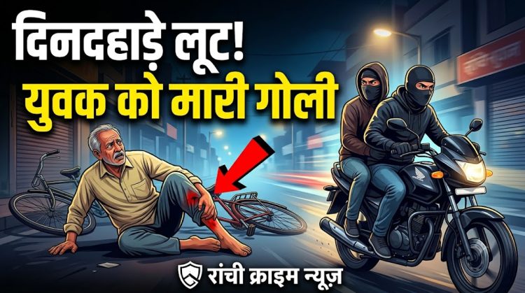 रांची में दिनदहाड़े लूटपाट के दौरान युवक को मारी गोली, जांच में जुटी पुलिस 1 रांची में दिनदहाड़े लूटपाट और फायरिंग की घटना का ग्राफिक्स जिसमें बाइक सवार नकाबपोश अपराधी और जमीन पर घायल पड़ा युवक दिखाई दे रहा है।