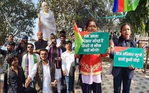 Students in Ranchi, holding bowls in their hands, took out a march demanding pending scholarship payments.