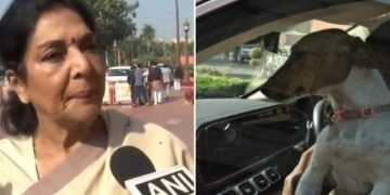Congress MP Renuka Chowdhary arrives in Parliament with a puppy