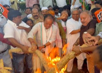 राहुल गांधी के खिलाफ प्राथमिकी के विरोध में कांग्रेस का प्रदर्शन, केंद्र सरकार का पुतला फूंका
