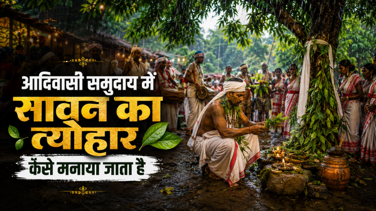 झारखंड के आदिवासी गांव में सरना स्थल पर सावन के महीने में पाहन द्वारा की जाती प्रकृति पूजा, मांदर और पारंपरिक वाद्य यंत्रों के साथ ग्रामीण उपस्थित