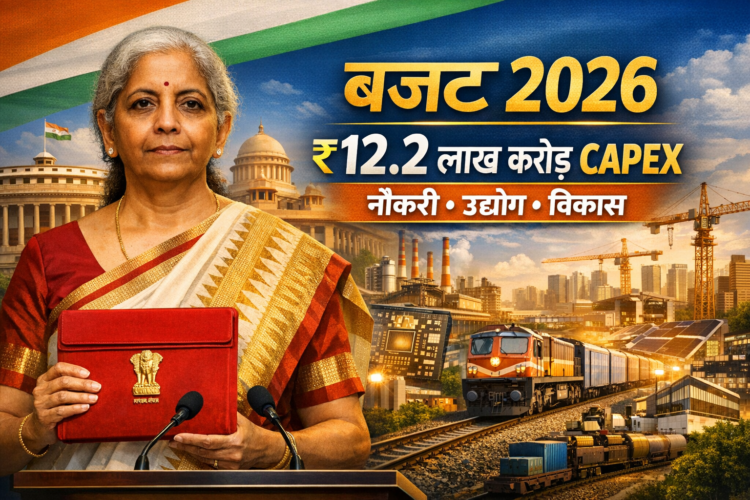 भारत की वित्त मंत्री निर्मला सीतारमण लोकसभा में Union Budget 2026 पेश करते हुए, जिसमें ₹12.2 लाख करोड़ कैपेक्स और GST 2.0 जैसे अहम ऐलान शामिल हैं।