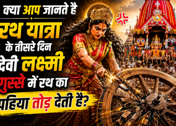 भगवान जगन्नाथ की रथ यात्रा का पोस्टर जिसमें भगवान जगन्नाथ, बलभद्र और सुभद्रा के साथ रथ और हेरा पंचमी की कथा का उल्लेख है।