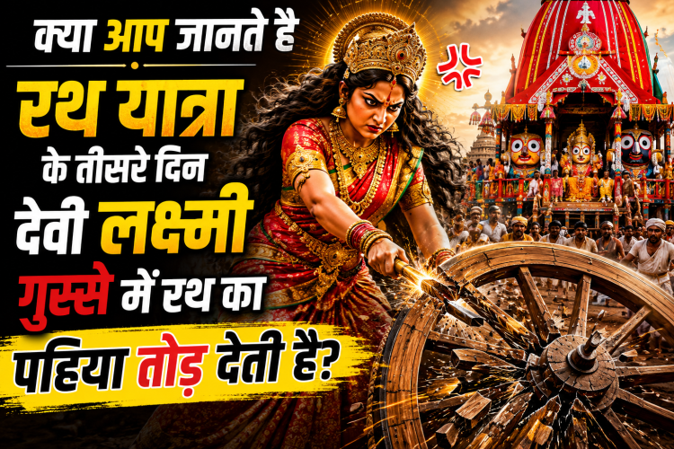 भगवान जगन्नाथ की रथ यात्रा का पोस्टर जिसमें भगवान जगन्नाथ, बलभद्र और सुभद्रा के साथ रथ और हेरा पंचमी की कथा का उल्लेख है।