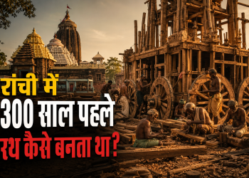 रांची के ऐतिहासिक जगन्नाथपुर मंदिर के साथ पारंपरिक लकड़ी के जगन्नाथ रथ का निर्माण करते हुए लोहरा परिवार के कारीगरों का दृश्य, जो 300 वर्षों से अधिक पुरानी रथ निर्माण परंपरा को दर्शाता है।