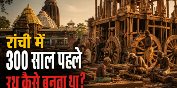 रांची के ऐतिहासिक जगन्नाथपुर मंदिर के साथ पारंपरिक लकड़ी के जगन्नाथ रथ का निर्माण करते हुए लोहरा परिवार के कारीगरों का दृश्य, जो 300 वर्षों से अधिक पुरानी रथ निर्माण परंपरा को दर्शाता है।