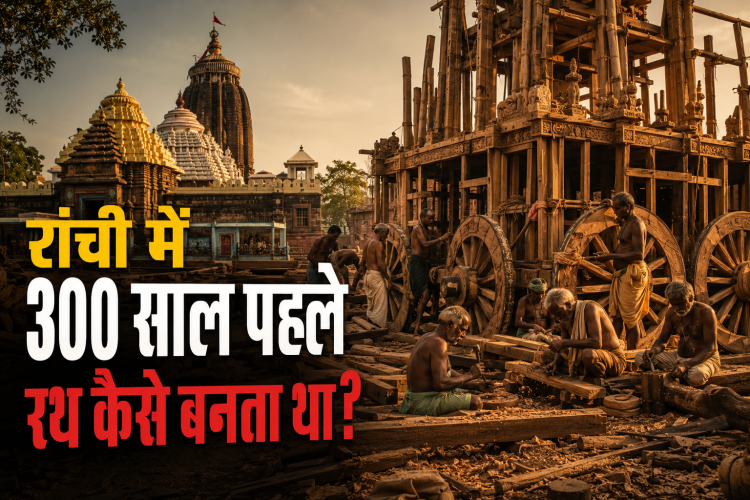 रांची के ऐतिहासिक जगन्नाथपुर मंदिर के साथ पारंपरिक लकड़ी के जगन्नाथ रथ का निर्माण करते हुए लोहरा परिवार के कारीगरों का दृश्य, जो 300 वर्षों से अधिक पुरानी रथ निर्माण परंपरा को दर्शाता है।