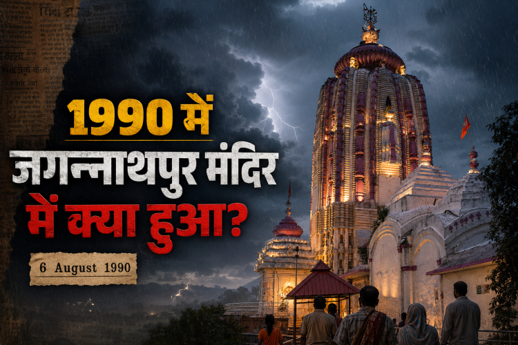 जगन्नाथपुर मंदिर, रांची का वास्तविक दृश्य, जिसमें मानसून की शाम, हल्की बारिश, घने बादल, मंदिर की सुनहरी रोशनी और सामने खड़े श्रद्धालु दिखाई दे रहे हैं। बाईं ओर हिंदी हेडलाइन "1990 में जगन्नाथपुर मंदिर में क्या हुआ?" और नीचे "6 August 1990" का अखबारी शैली का लेबल है।