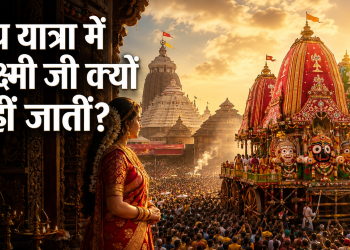 भगवान जगन्नाथ, बलभद्र और सुभद्रा भव्य रथ पर गुंडिचा मंदिर की ओर जाते हुए, जबकि माता लक्ष्मी जगन्नाथ मंदिर के प्रवेश द्वार पर खड़ी होकर भावुक दृष्टि से रथ को निहार रही हैं। पृष्ठभूमि में पुरी का श्री जगन्नाथ मंदिर, हजारों श्रद्धालु और हेरा पंचमी की पारंपरिक झलक।