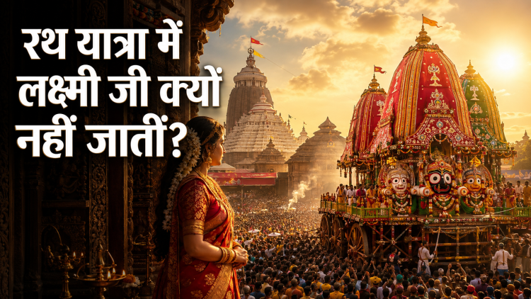 भगवान जगन्नाथ, बलभद्र और सुभद्रा भव्य रथ पर गुंडिचा मंदिर की ओर जाते हुए, जबकि माता लक्ष्मी जगन्नाथ मंदिर के प्रवेश द्वार पर खड़ी होकर भावुक दृष्टि से रथ को निहार रही हैं। पृष्ठभूमि में पुरी का श्री जगन्नाथ मंदिर, हजारों श्रद्धालु और हेरा पंचमी की पारंपरिक झलक।