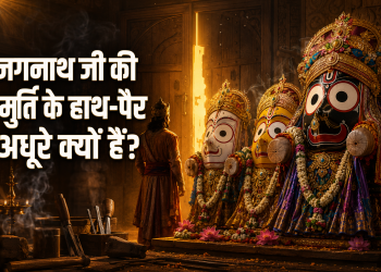 पुरी श्रीजगन्नाथ मंदिर में भगवान जगन्नाथ, बलभद्र और सुभद्रा की पारंपरिक लकड़ी की मूर्तियां, जिनमें भगवान जगन्नाथ के विशिष्ट अधूरे हाथ दिखाई दे रहे हैं। पृष्ठभूमि में राजा इंद्रद्युम्न और विश्वकर्मा की प्रचलित कथा का सांकेतिक चित्रण।