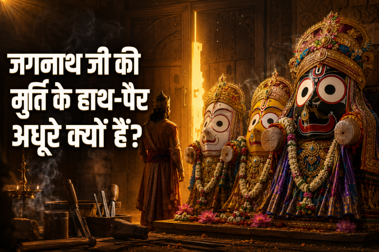पुरी श्रीजगन्नाथ मंदिर में भगवान जगन्नाथ, बलभद्र और सुभद्रा की पारंपरिक लकड़ी की मूर्तियां, जिनमें भगवान जगन्नाथ के विशिष्ट अधूरे हाथ दिखाई दे रहे हैं। पृष्ठभूमि में राजा इंद्रद्युम्न और विश्वकर्मा की प्रचलित कथा का सांकेतिक चित्रण।