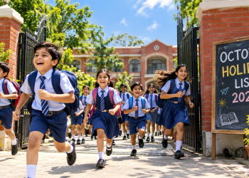 October School Holiday List 2026: अक्टूबर में छुट्टियों की भरमार! देखें बिहार-झारखंड के स्कूलों का पूरा कैलेंडर 11 स्कूली बच्चे छुट्टी के बाद खुशी से बैग लेकर बाहर भागते हुए और पृष्ठभूमि में School Holiday 2026 लिखा बोर्ड