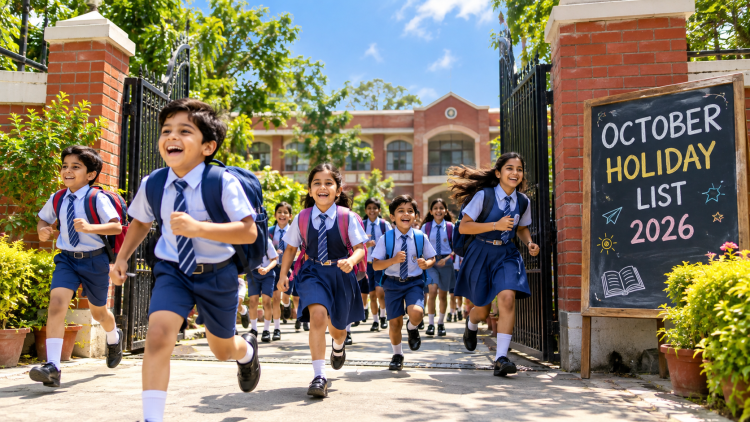 स्कूली बच्चे छुट्टी के बाद खुशी से बैग लेकर बाहर भागते हुए और पृष्ठभूमि में School Holiday 2026 लिखा बोर्ड