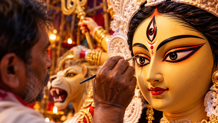 मां दुर्गा की प्रतिमा की आंखें आखिर में क्यों बनाई जाती हैं? जानिए ‘चक्षुदान’ की परंपरा का रहस्य 1 मां दुर्गा की प्रतिमा की आंखें बनाते हुए मूर्तिकार, चक्षुदान की परंपरा