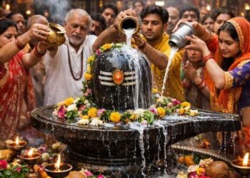 Devotees performing Jalabhishek of Shivling on Mahashivratri.