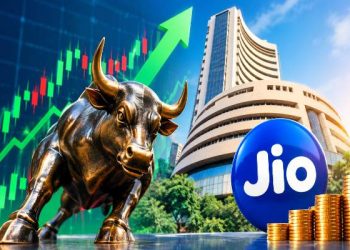सेंसेक्स निफ्टी में तेजी, शेयर बाजार में उछाल और जियो IPO को दर्शाती तस्वीर