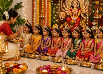 नवरात्रि में कन्या पूजन के दौरान 9 कन्याओं की पूजा करती महिला