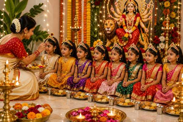 नवरात्रि में कन्या पूजन क्यों है जरूरी? 9 कन्याओं को भोजन कराने के पीछे छिपा है बड़ा धार्मिक रहस्य 1 नवरात्रि में कन्या पूजन के दौरान 9 कन्याओं की पूजा करती महिला