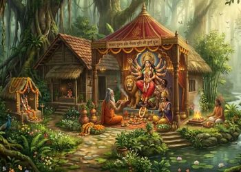 गढ़ जंगल में मेधस मुनि के आश्रम में मां दुर्गा की पूजा करते राजा सुरथ और वैश्य समाधि