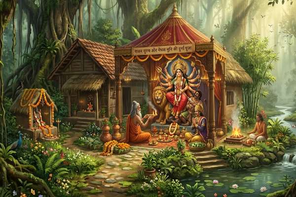 क्या आप जानते हैं दुनिया की पहली दुर्गा पूजा कहां हुई थी? गढ़ जंगल से जुड़ा है इतिहास 1 गढ़ जंगल में मेधस मुनि के आश्रम में मां दुर्गा की पूजा करते राजा सुरथ और वैश्य समाधि