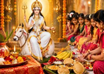 दुर्गा अष्टमी पर मां महागौरी की पूजा और कन्या पूजन करते श्रद्धालु