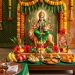 नवरात्रि के चौथे दिन मां कूष्मांडा की पूजा करते भक्त, देवी की प्रतिमा और पूजा सामग्री