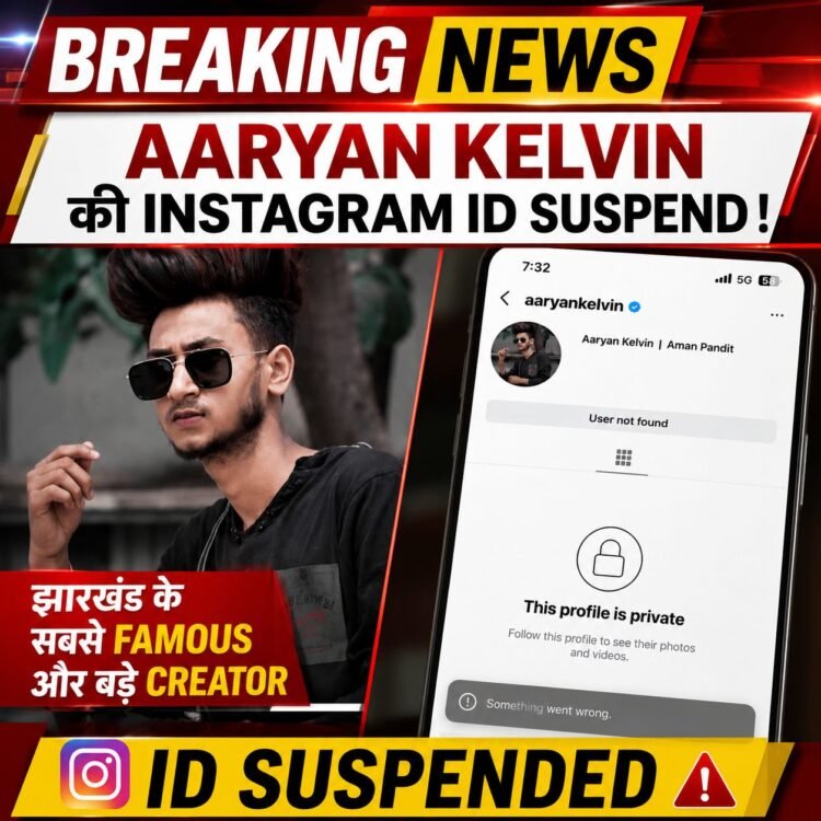 Thumbnail showing Aaryan Kelvin Instagram account suspended news with Instagram ID error screen and creator Aman Pandit from Dhanbad Jharkhand