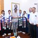 CM Hemant Soren honoring Asian Games gold medalist hockey players Salima Tete, Nikki Pradhan, Beauty Dungdung, and Deepika Soreng in Ranchi