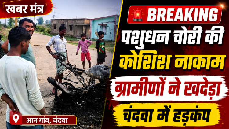 चंदवा समाचार: लातेहार के आन गांव में पशुधन चोरी की कोशिश के बाद घटनास्थल पर मौजूद ग्रामीण और मौके पर मिली बाइक