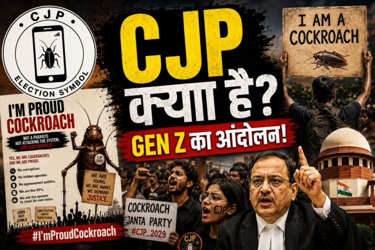 CJP Protest thumbnail featuring Cockroach Janta Party logo, Gen Z protesters, Supreme Court visual, and viral cockroach protest posters in dramatic news style.