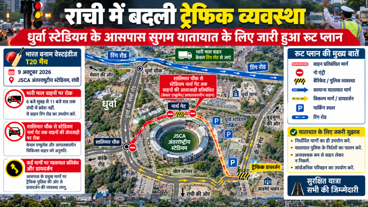 Ranchi T20: JSCA जाने से पहले देख लें ट्रैफिक प्लान, इन रास्तों पर नो-एंट्री और यहां मिलेगी पार्किंग 1 रांची के JSCA स्टेडियम में भारत-वेस्टइंडीज T20 मैच के लिए जारी ट्रैफिक रूट प्लान और पार्किंग मैप